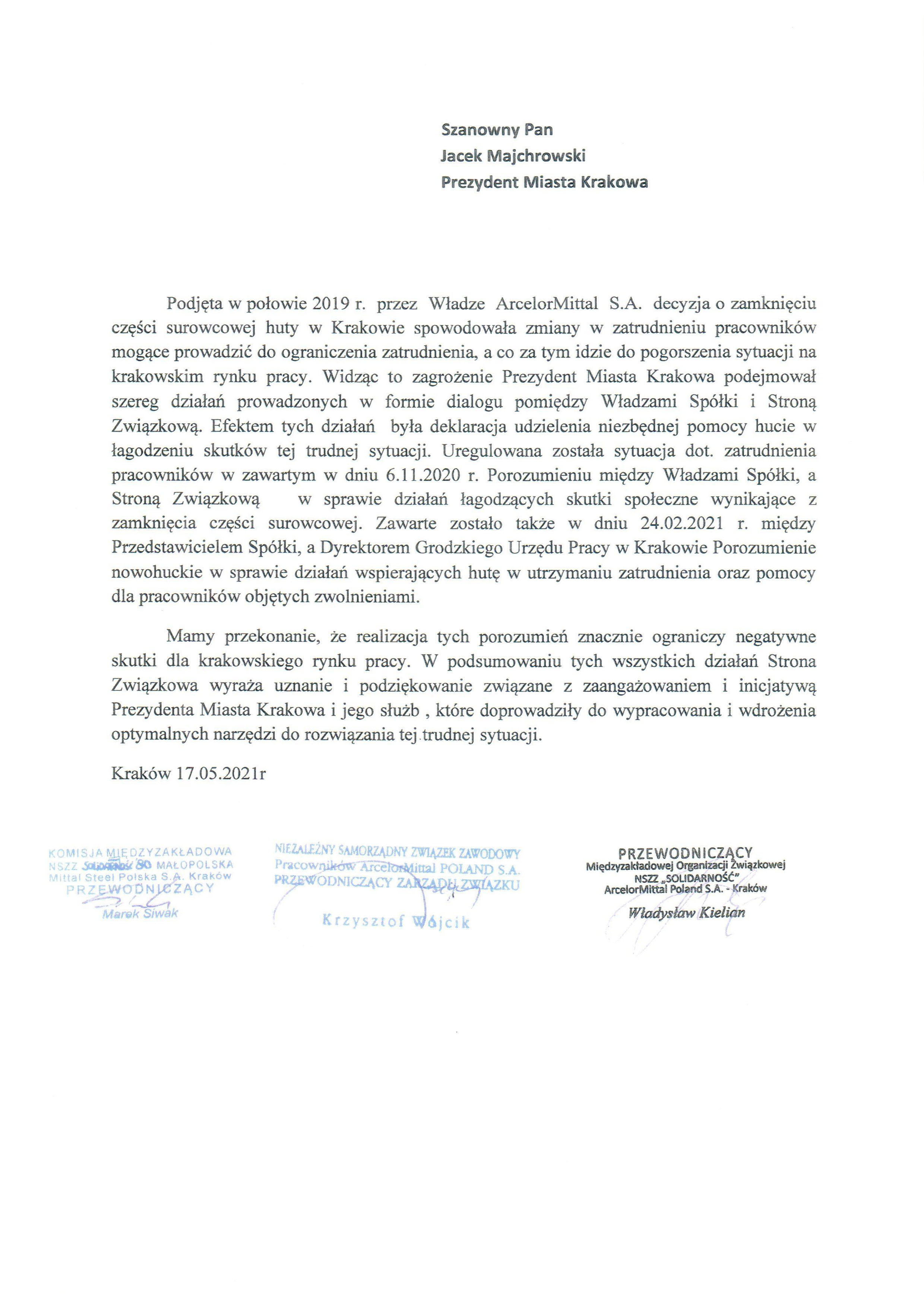 Podziękowanie dla Prezydenta Krakowa i GUP Kraków za wsparcie firmy ArcelorMittal Poland