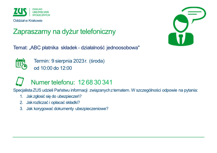 Dyżur telefoniczny pracownika ZUS - 12 68 30 341