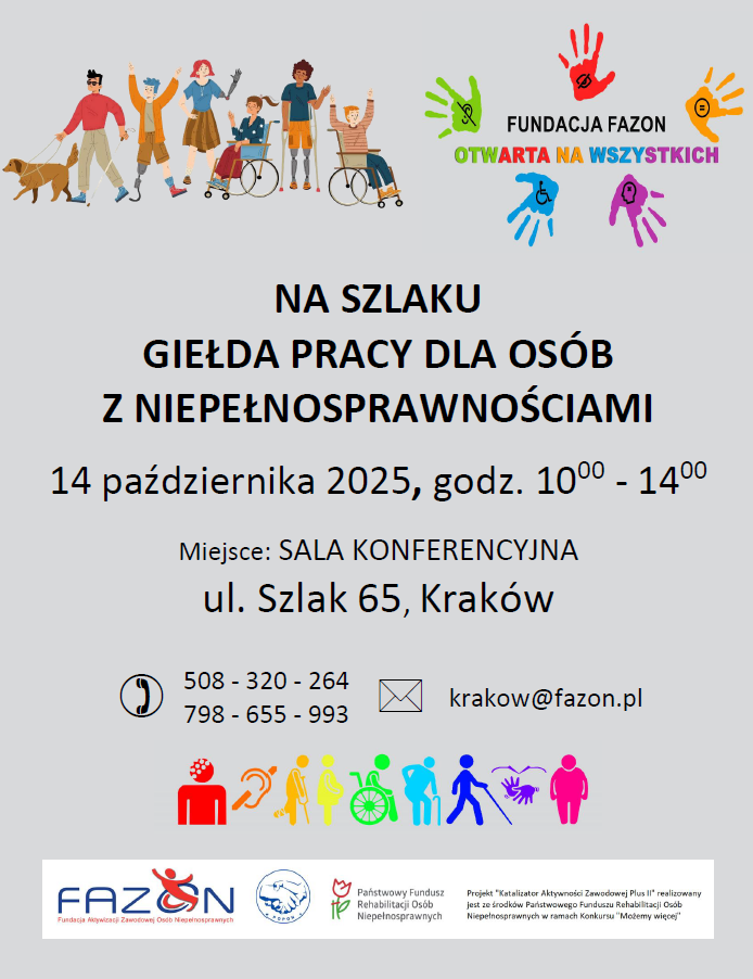 Plakat na stronę, informujący o Giełdzie dla osób z niepełnosprawnościami, która odbędzie się 14 października 2025 roku na sali konferencyjnej na ul. Szlak 65. W godzinach 10:00 - 14:00.